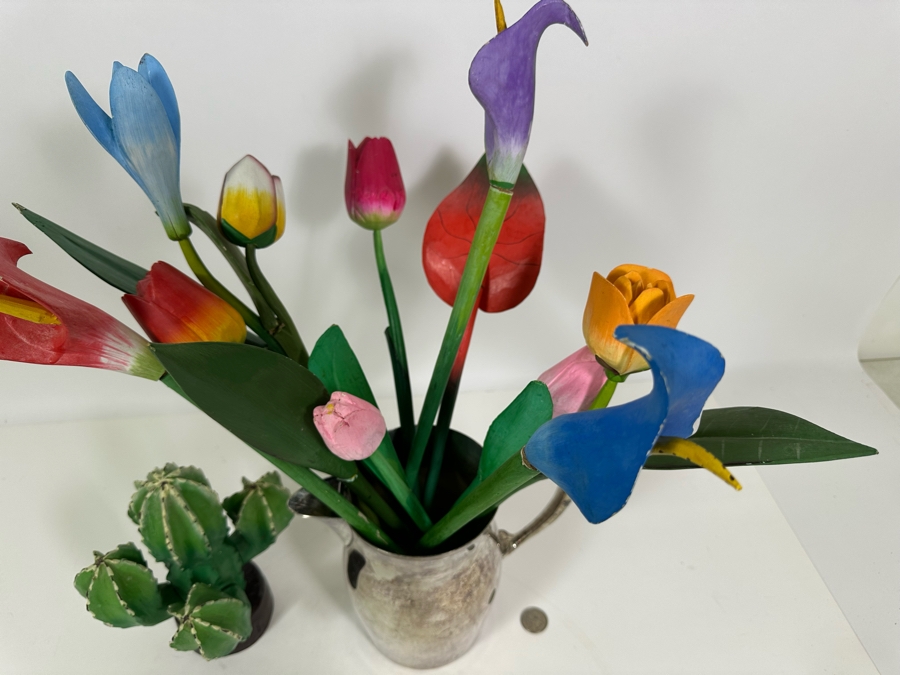 Collectin Of Wooden Hand Painted Flowers And Cactus Tree With Silverplate Pitcher 19.5H [Photo 7]