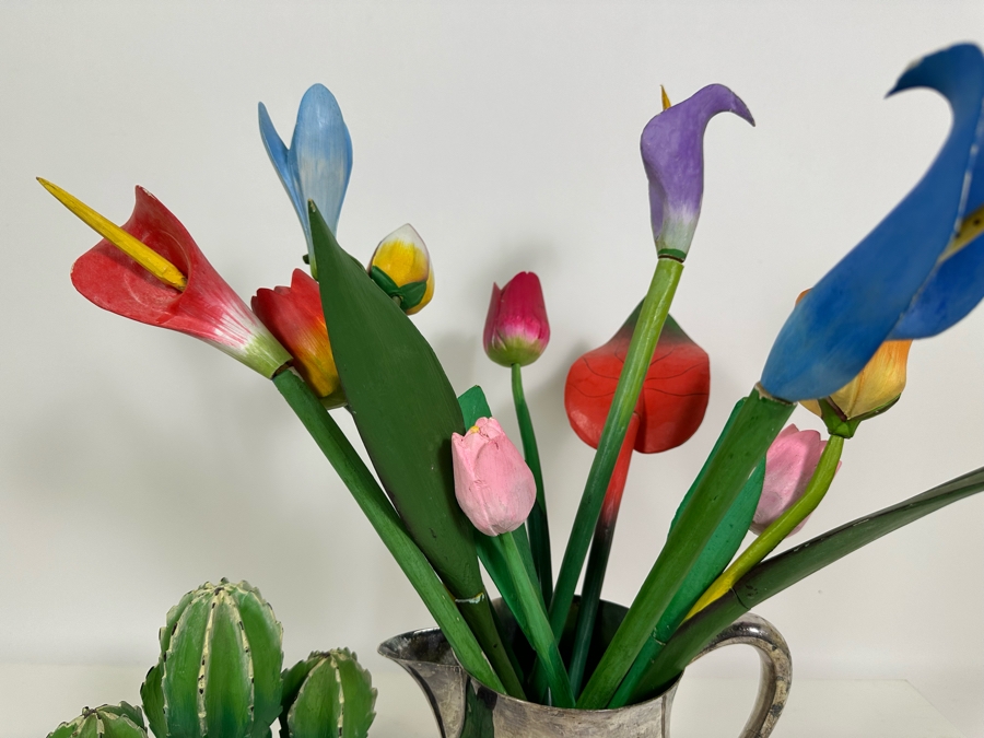 Collectin Of Wooden Hand Painted Flowers And Cactus Tree With Silverplate Pitcher 19.5H [Photo 5]