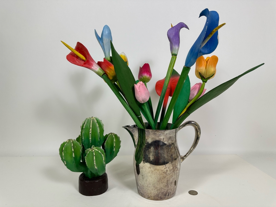 Collectin Of Wooden Hand Painted Flowers And Cactus Tree With Silverplate Pitcher 19.5H [Photo 2]
