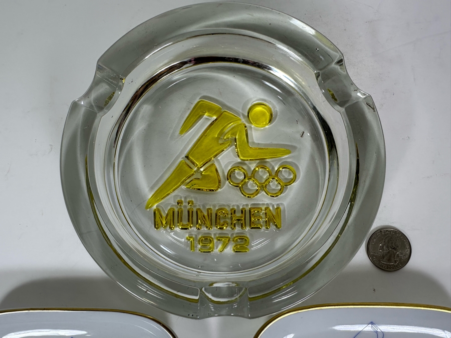 Vintage 1927 Glass Ashtray From The German Munchen Olympics And Pair Of Alitalia Plane Trinket Dishes [Photo 3]