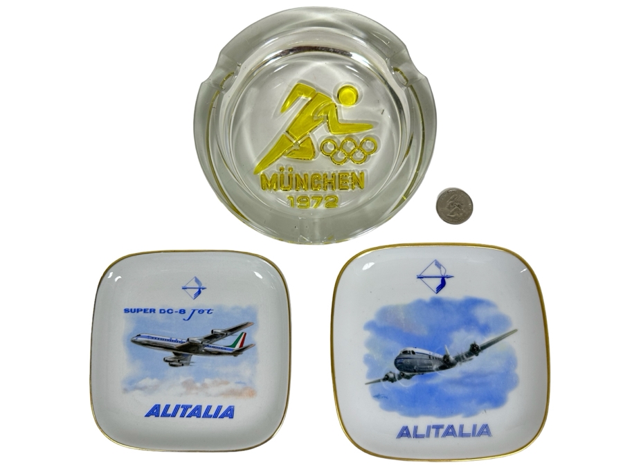 Vintage 1927 Glass Ashtray From The German Munchen Olympics And Pair Of Alitalia Plane Trinket Dishes