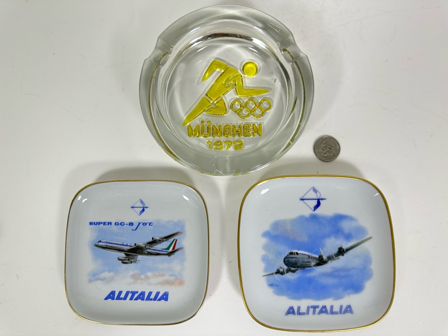 Vintage 1927 Glass Ashtray From The German Munchen Olympics And Pair Of Alitalia Plane Trinket Dishes [Photo 2]