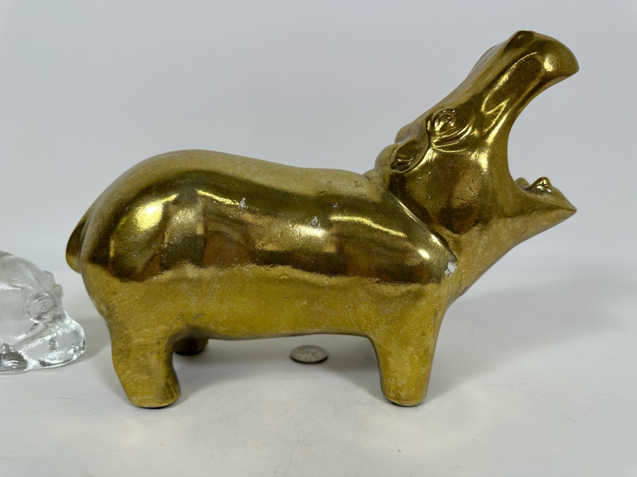 Vintage 1976 Austion Productions Gold Painted Hippo 7.75H And Goebel Crystal Hippo 2.5H [Photo 8]