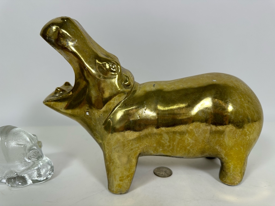 Vintage 1976 Austion Productions Gold Painted Hippo 7.75H And Goebel Crystal Hippo 2.5H [Photo 6]