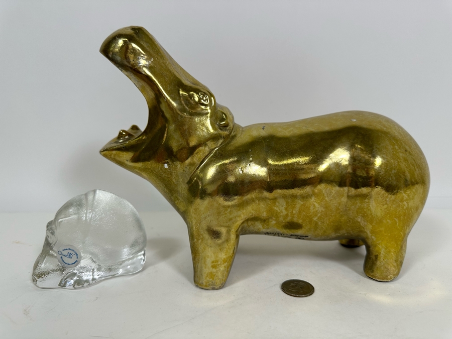 Vintage 1976 Austion Productions Gold Painted Hippo 7.75H And Goebel Crystal Hippo 2.5H [Photo 2]