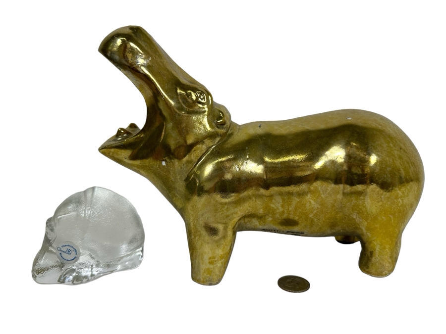 Vintage 1976 Austion Productions Gold Painted Hippo 7.75H And Goebel Crystal Hippo 2.5H [Photo 1]