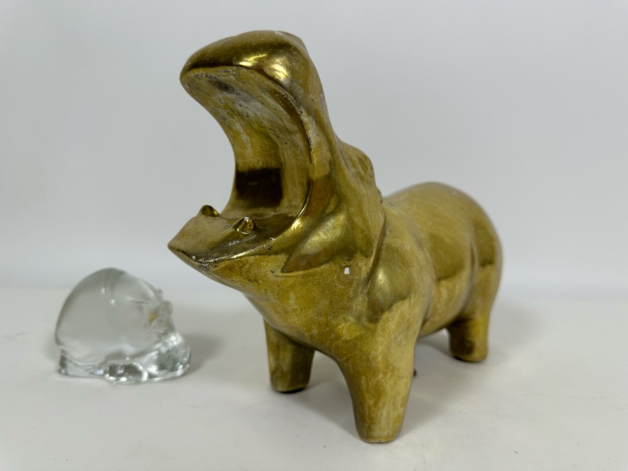 Vintage 1976 Austion Productions Gold Painted Hippo 7.75H And Goebel Crystal Hippo 2.5H [Photo 7]
