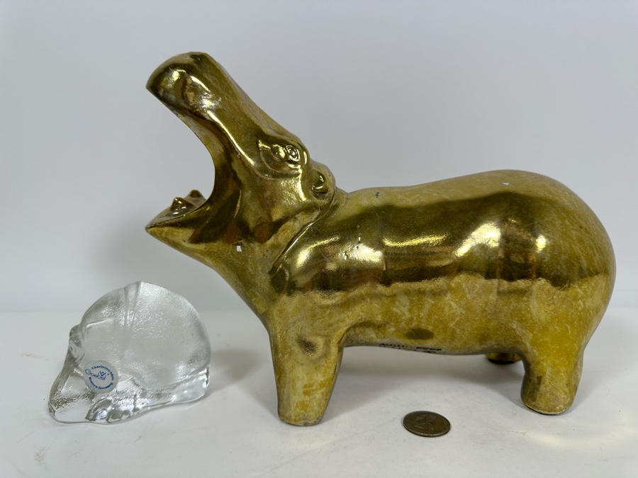 Vintage 1976 Austion Productions Gold Painted Hippo 7.75H And Goebel Crystal Hippo 2.5H [Photo 3]