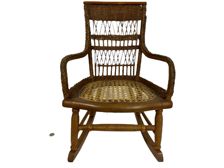 Antique Childs Wooden Cane Seat Rocking Chair 15W X 19D X 22H