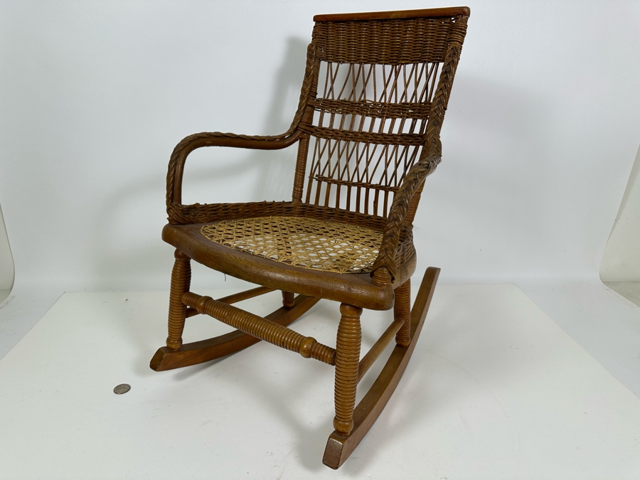 Antique Childs Wooden Cane Seat Rocking Chair 15W X 19D X 22H [Photo 2]