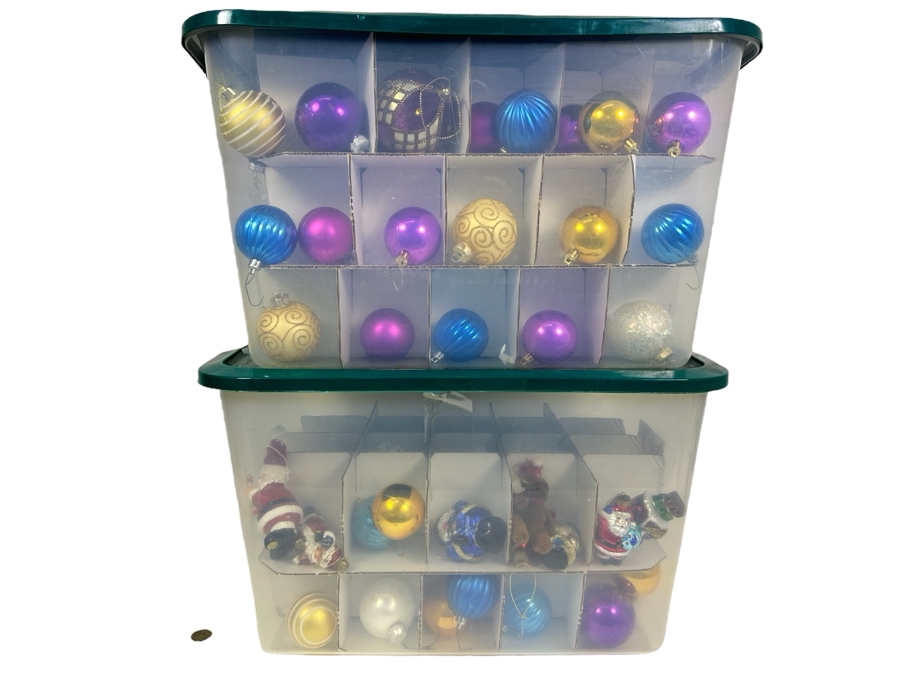 Two Bins Filled With Glass Christmas Ornaments