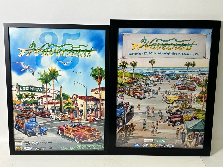 Pair Of Framed Wavecrest Woodie Posters Moonlight Beach 2014 & 2016 [Photo 3]