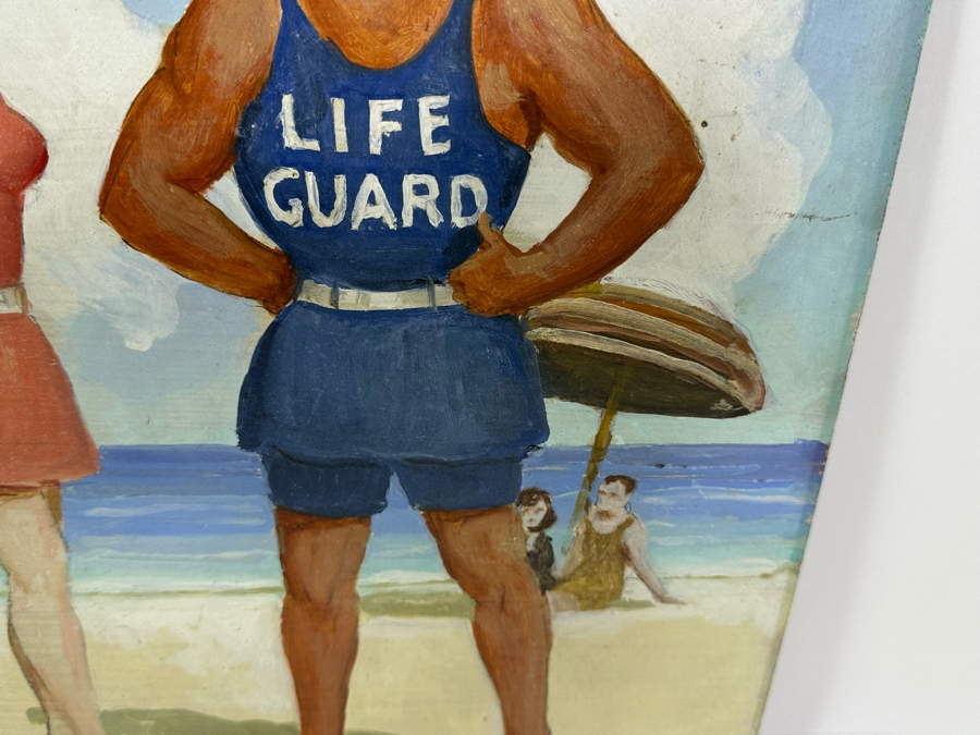 Vintage 1930 Original Beach Scene Painting On Board 15 X 20 [Photo 6]