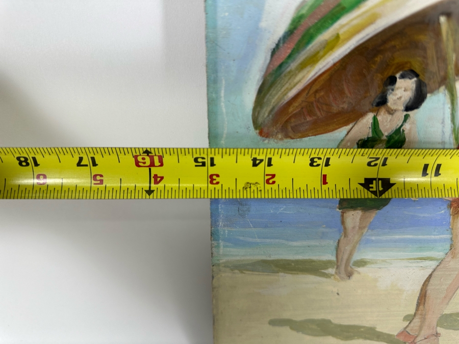 Vintage 1930 Original Beach Scene Painting On Board 15 X 20 [Photo 8]