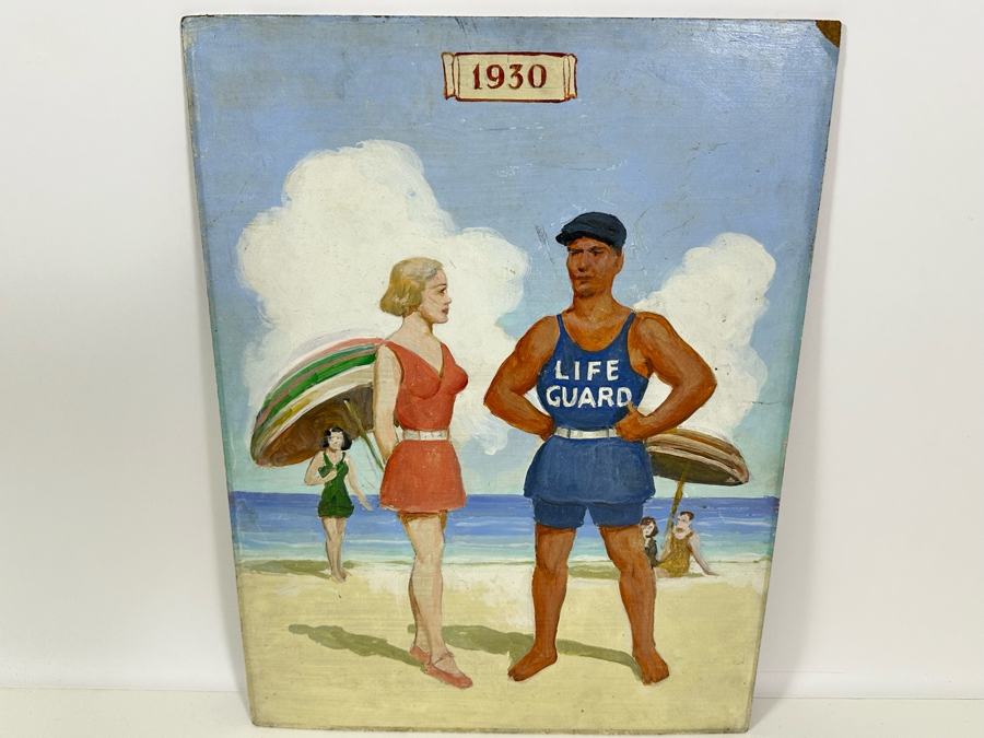 Vintage 1930 Original Beach Scene Painting On Board 15 X 20 [Photo 2]