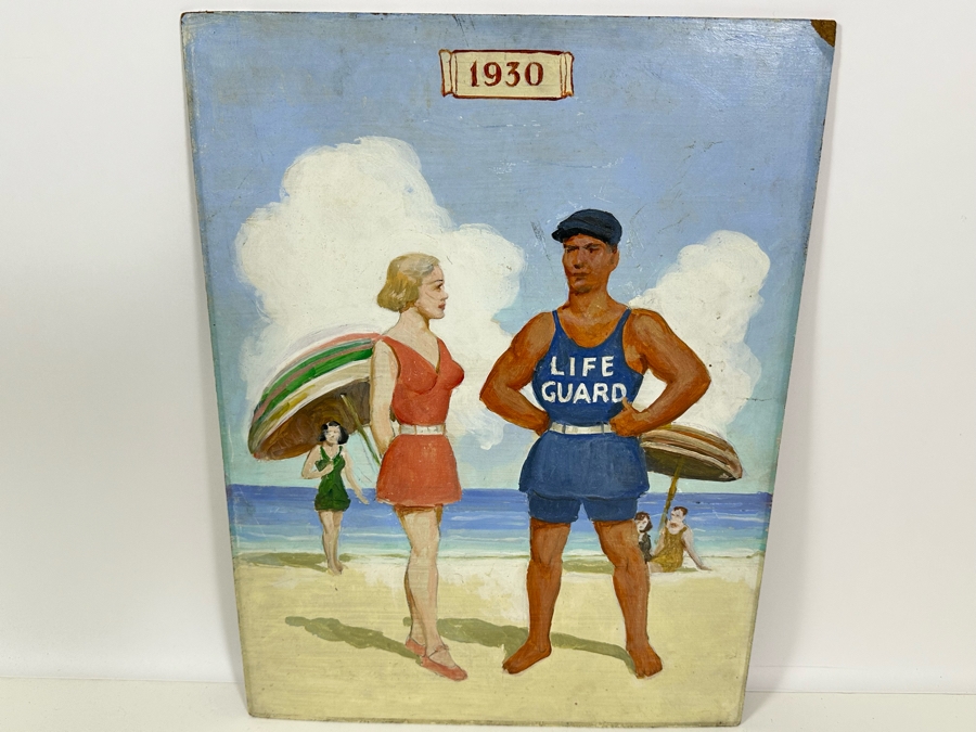 Vintage 1930 Original Beach Scene Painting On Board 15 X 20 [Photo 3]
