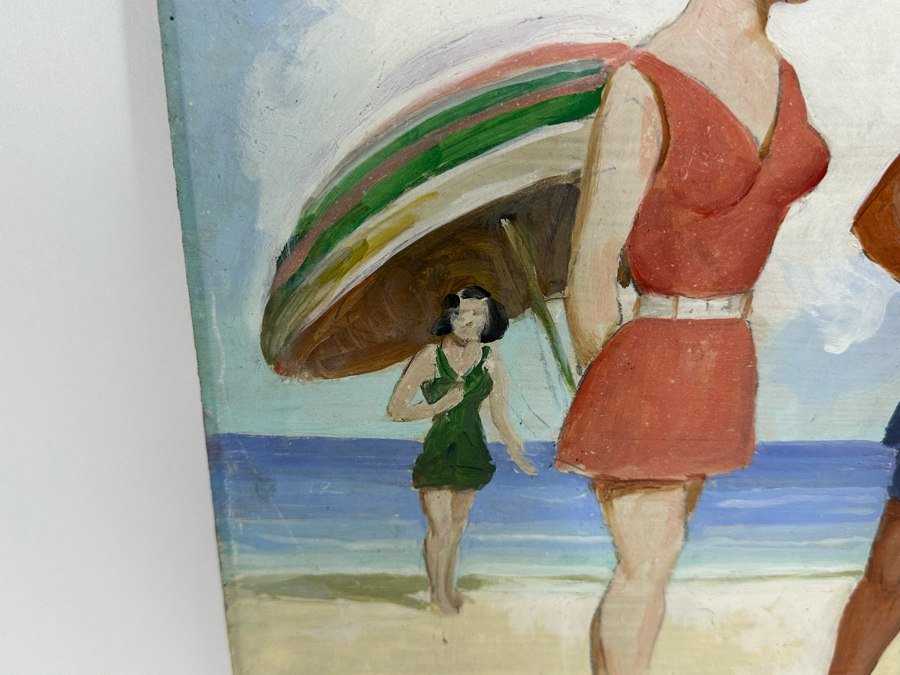 Vintage 1930 Original Beach Scene Painting On Board 15 X 20 [Photo 5]