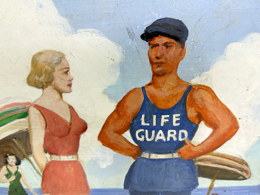 Vintage 1930 Original Beach Scene Painting On Board 15 X 20 [Photo 7]