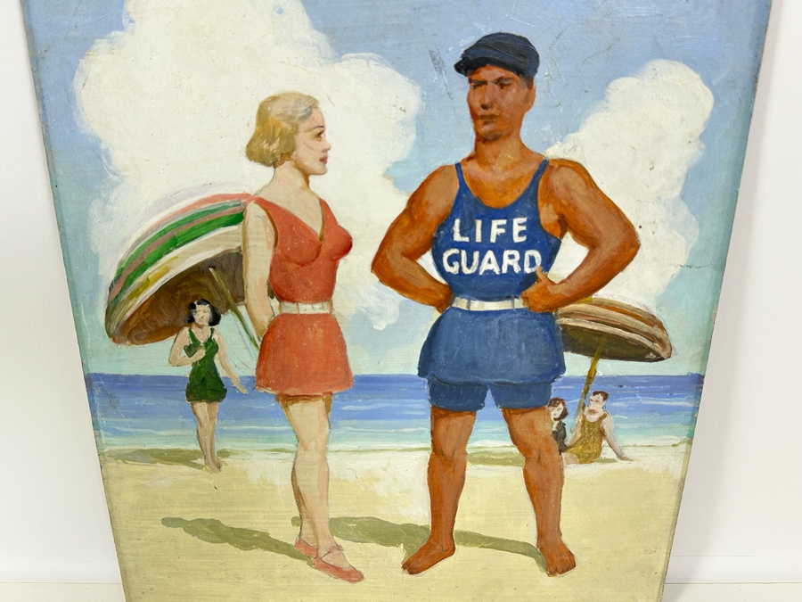 Vintage 1930 Original Beach Scene Painting On Board 15 X 20 [Photo 4]