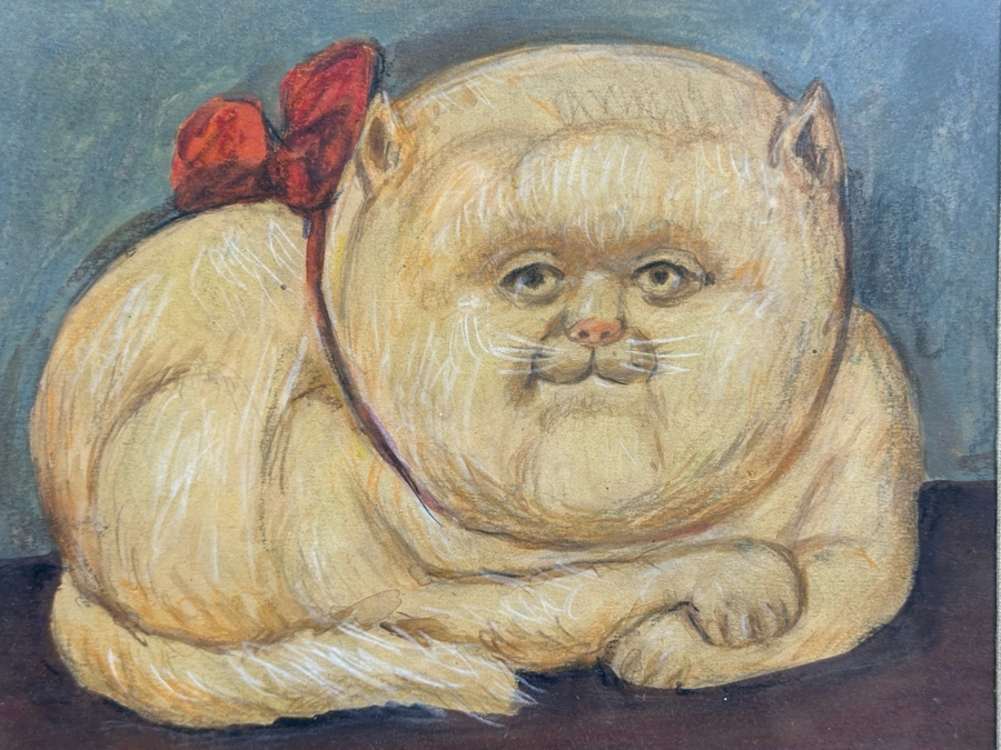 Original Drawing After Fernando Botero Fat Cat 8.5 X 8 Framed 17.5 X 16.5 [Photo 5]