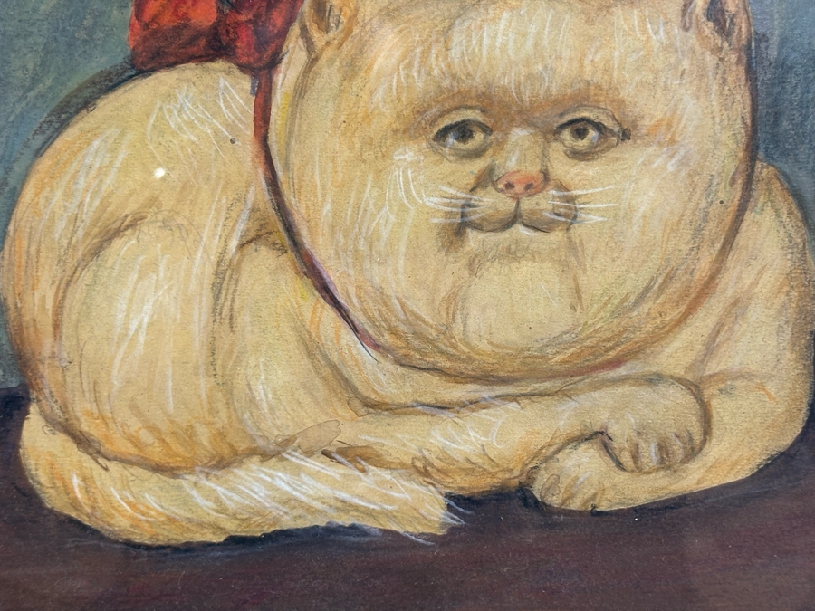 Original Drawing After Fernando Botero Fat Cat 8.5 X 8 Framed 17.5 X 16.5