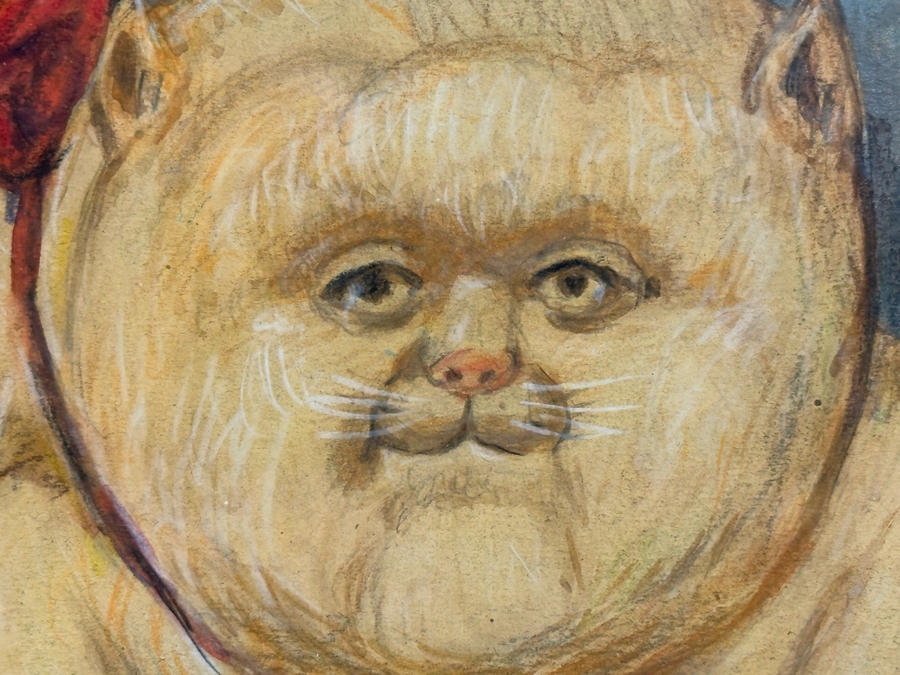 Original Drawing After Fernando Botero Fat Cat 8.5 X 8 Framed 17.5 X 16.5