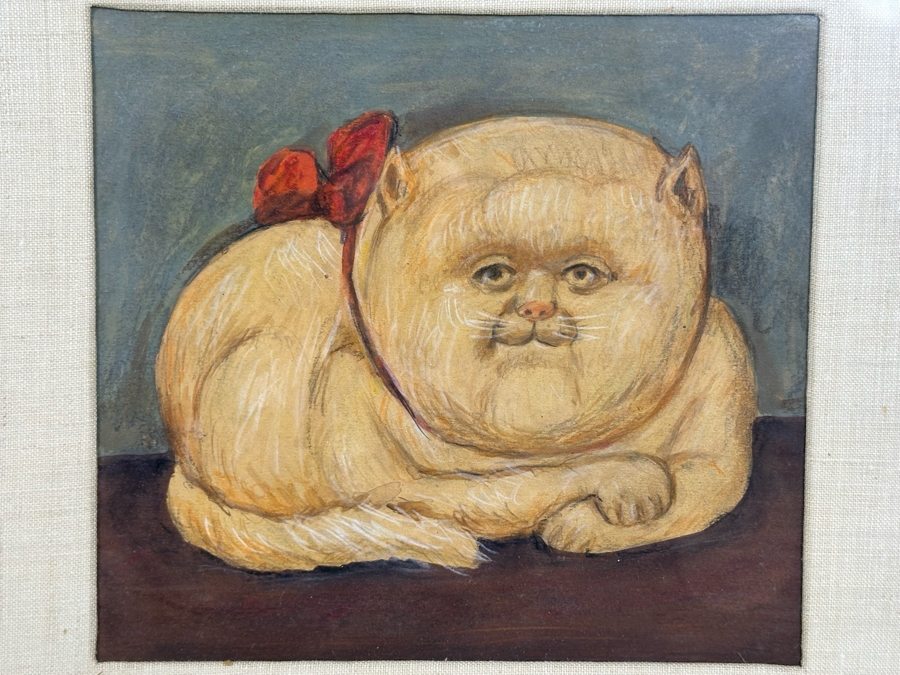 Original Drawing After Fernando Botero Fat Cat 8.5 X 8 Framed 17.5 X 16.5