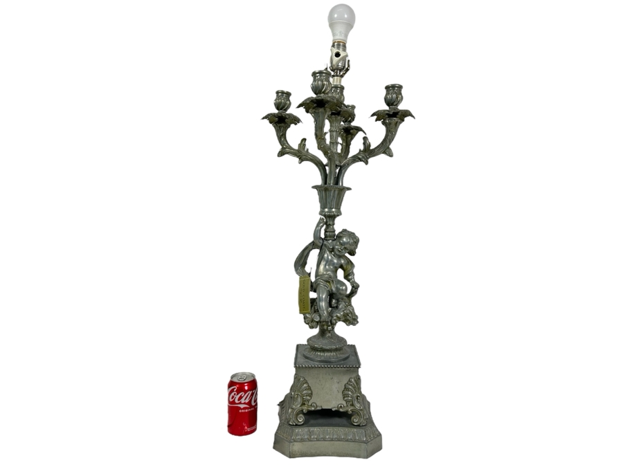 Vintage Metal Table Lamp With Cherub No Shade 33H