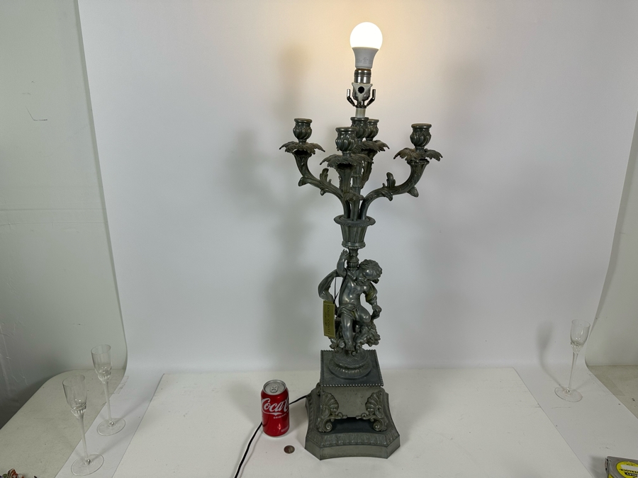 Vintage Metal Table Lamp With Cherub No Shade 33H [Photo 9]