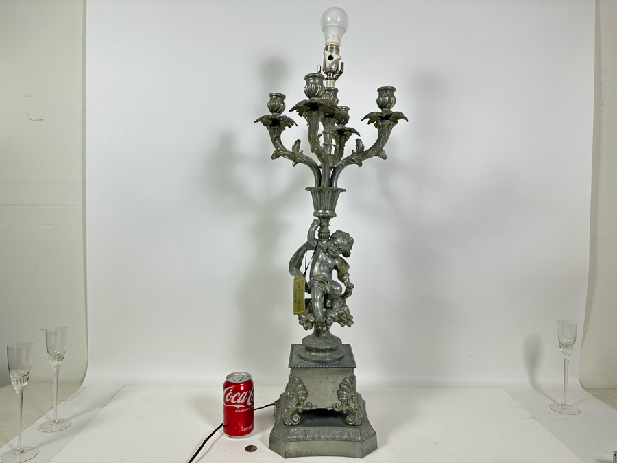Vintage Metal Table Lamp With Cherub No Shade 33H [Photo 2]