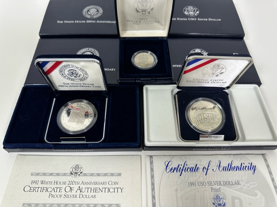 1992 White House 200th Anniversary Coin Proof Silver Dollar (90% Silver), 1991 USO Proof Silver Dollar (90% Silver) And 1999 Susan B. Anthony Proof Dollar Coin [Photo 2]