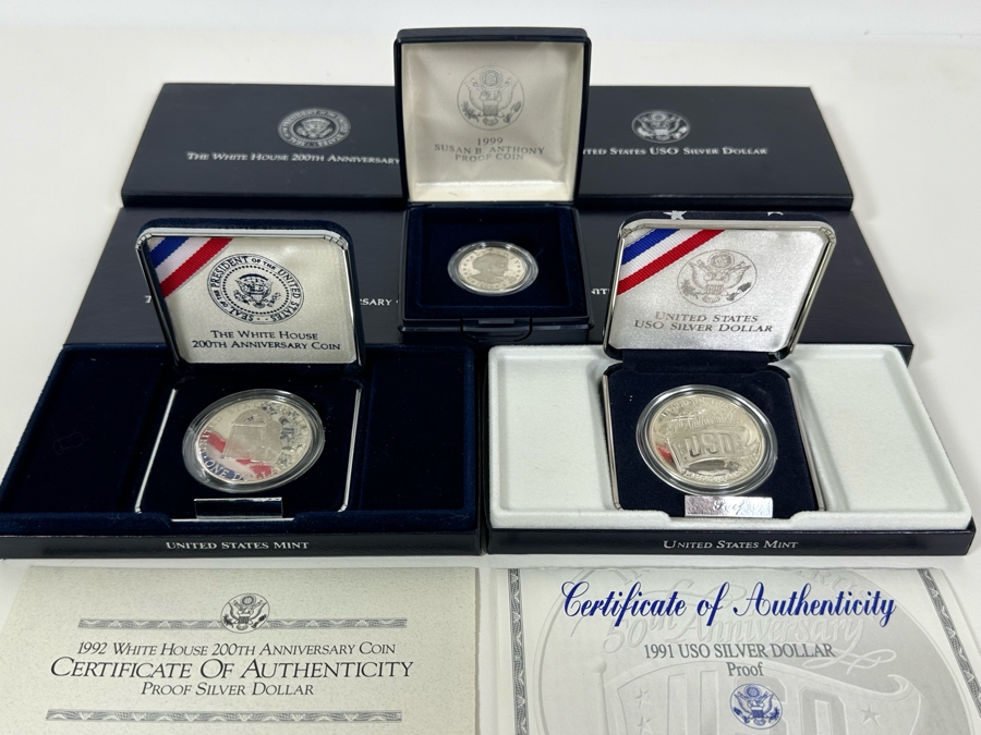 1992 White House 200th Anniversary Coin Proof Silver Dollar (90% Silver), 1991 USO Proof Silver Dollar (90% Silver) And 1999 Susan B. Anthony Proof Dollar Coin [Photo 4]