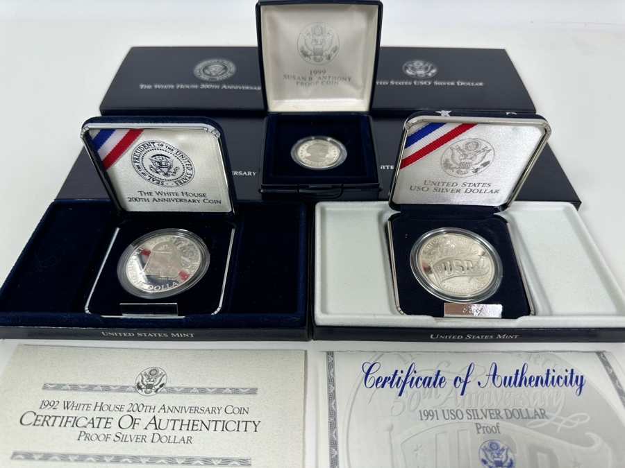1992 White House 200th Anniversary Coin Proof Silver Dollar (90% Silver), 1991 USO Proof Silver Dollar (90% Silver) And 1999 Susan B. Anthony Proof Dollar Coin [Photo 15]