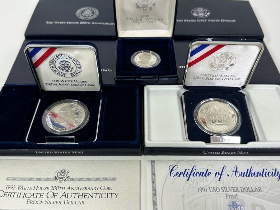 1992 White House 200th Anniversary Coin Proof Silver Dollar (90% Silver), 1991 USO Proof Silver Dollar (90% Silver) And 1999 Susan B. Anthony Proof Dollar Coin [Photo 3]