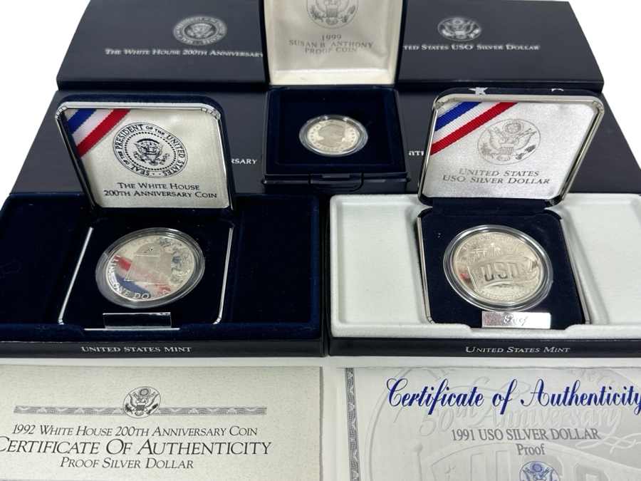 1992 White House 200th Anniversary Coin Proof Silver Dollar (90% Silver), 1991 USO Proof Silver Dollar (90% Silver) And 1999 Susan B. Anthony Proof Dollar Coin