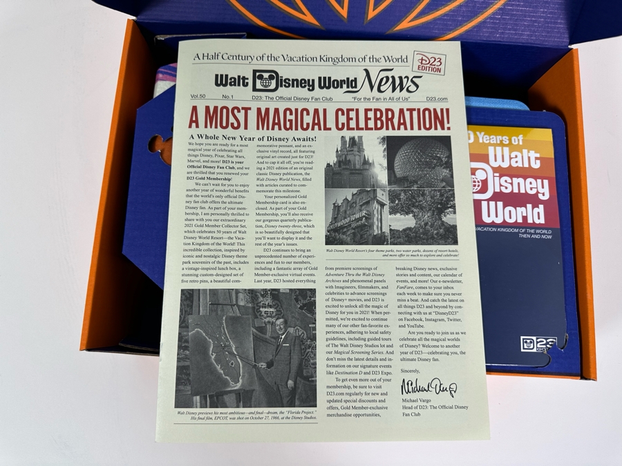 D23 2021 Gold Member Collector Set From The Official Disney Fan Club With Walt Disney World Metal Lunch Pail Box, Ephemera And Pennant With Original Box 14.5W X 10.5D X 4H [Photo 6]