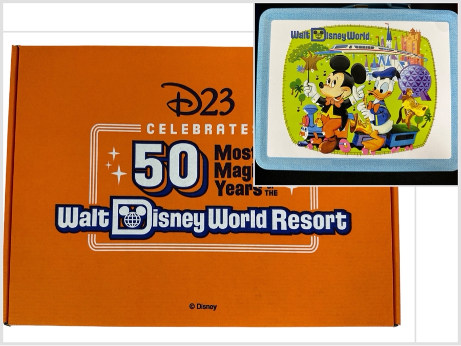 D23 2021 Gold Member Collector Set From The Official Disney Fan Club With Walt Disney World Metal Lunch Pail Box, Ephemera And Pennant With Original Box 14.5W X 10.5D X 4H [Photo 1]