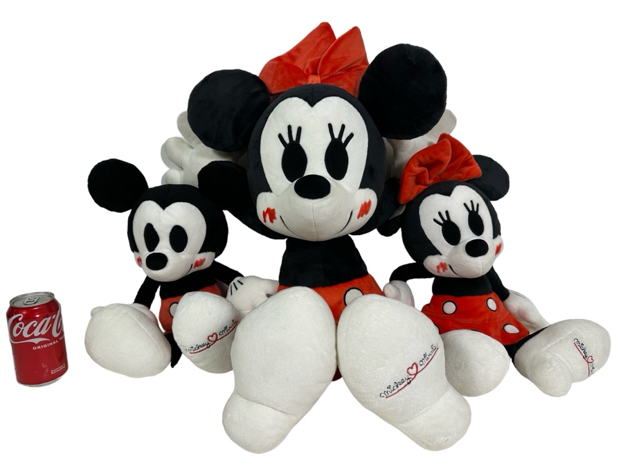 Japanese Walt Disney Small Mickey Mouse Plush 18H, Small Minnie Mouse Plush And Large Minnie Mouse Plush 27H Titled Love Love Mickey & Minnie By Nakajima [Photo 1]
