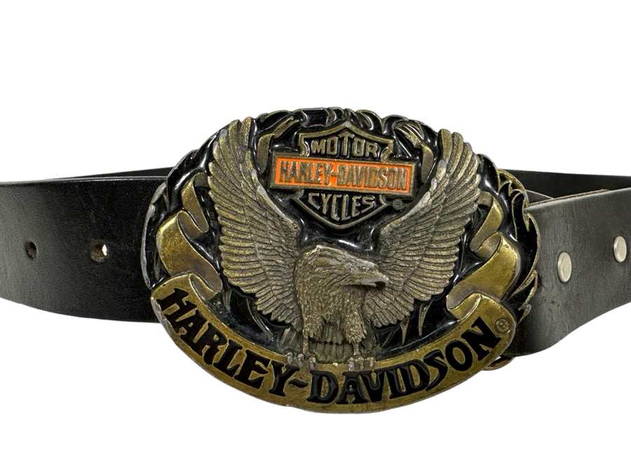 Vintage 1992 Harley-Davidson Motor Cycles Belt Buckle With Leather Belt Size M [Photo 1]