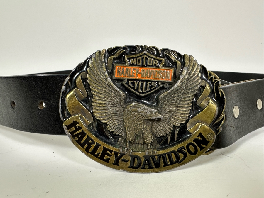 Vintage 1992 Harley-Davidson Motor Cycles Belt Buckle With Leather Belt Size M [Photo 3]