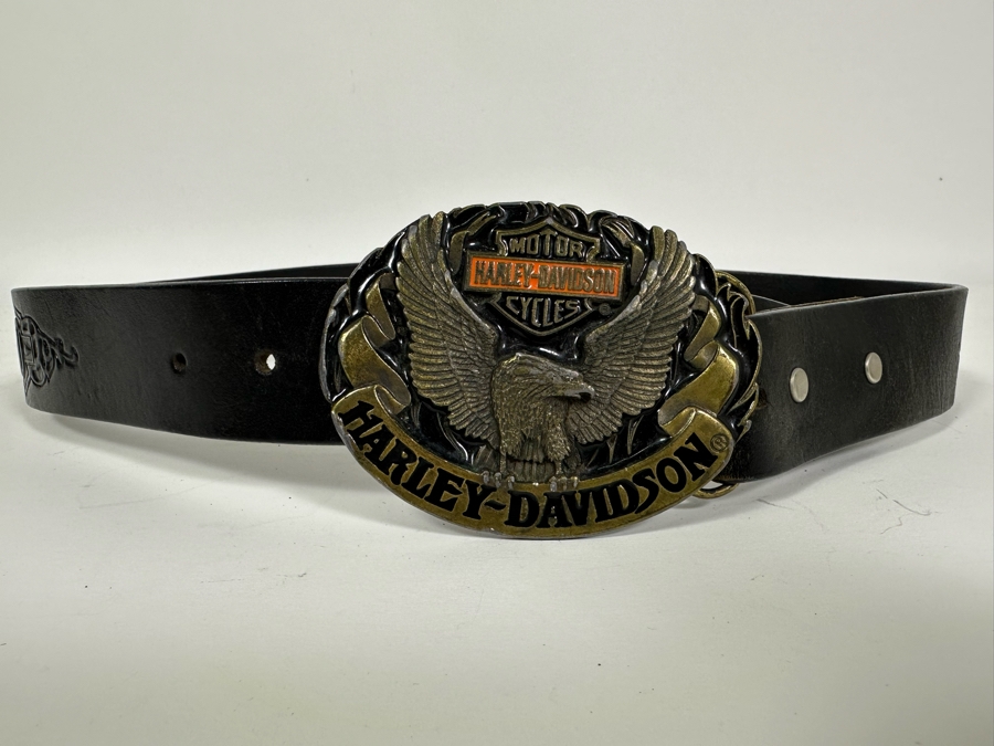Vintage 1992 Harley-Davidson Motor Cycles Belt Buckle With Leather Belt Size M [Photo 2]