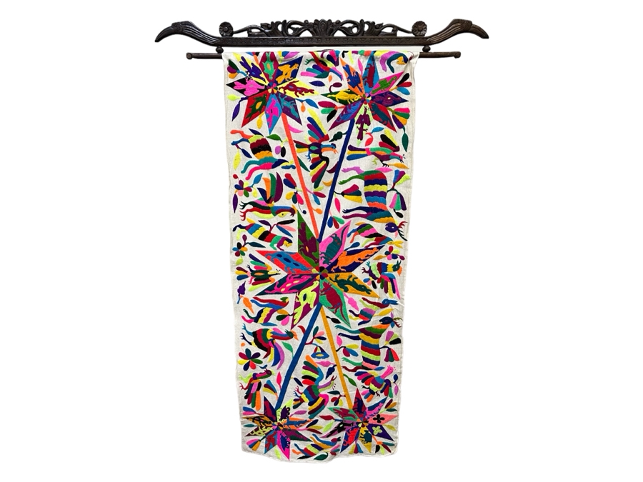 Otomi Tenango Mexican Hand Embroidered Vibrant Colors Embroidery With Carved Wooden Display Hanger 44W X 70L [Photo 1]