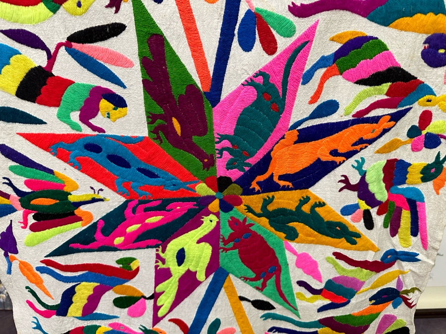 Otomi Tenango Mexican Hand Embroidered Vibrant Colors Embroidery With Carved Wooden Display Hanger 44W X 70L [Photo 2]