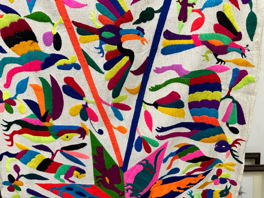 Otomi Tenango Mexican Hand Embroidered Vibrant Colors Embroidery With Carved Wooden Display Hanger 44W X 70L [Photo 3]