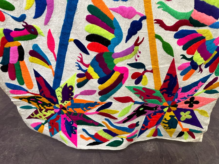 Otomi Tenango Mexican Hand Embroidered Vibrant Colors Embroidery With Carved Wooden Display Hanger 44W X 70L [Photo 7]