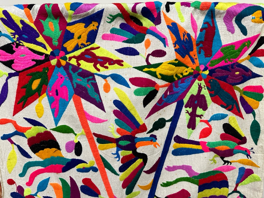 Otomi Tenango Mexican Hand Embroidered Vibrant Colors Embroidery With Carved Wooden Display Hanger 44W X 70L [Photo 4]