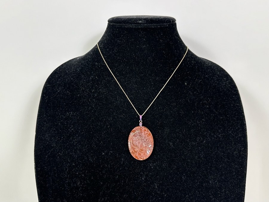 Vintage Signed Chinese Carved Agate Pendant With Sterling Silver 18' Necklace 12.3g [Photo 11]