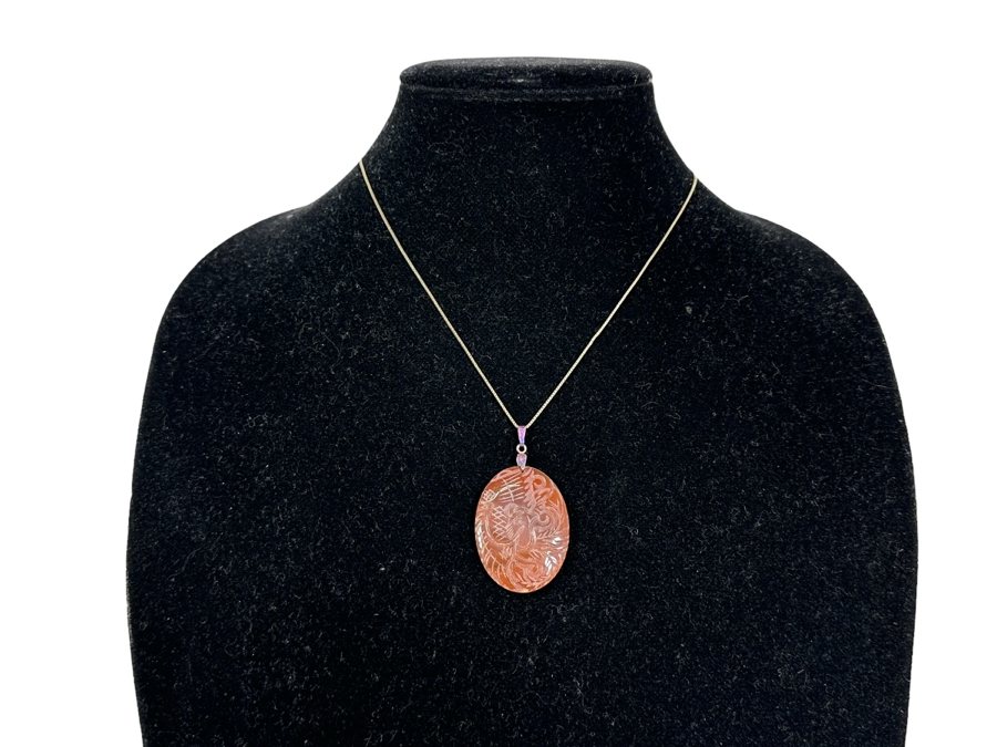 Vintage Signed Chinese Carved Agate Pendant With Sterling Silver 18' Necklace 12.3g [Photo 3]