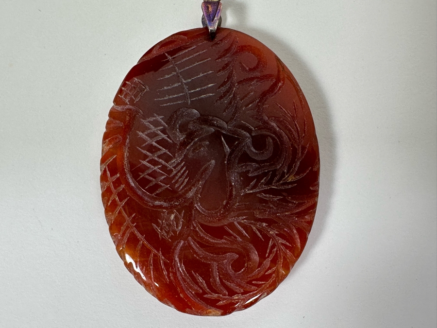 Vintage Signed Chinese Carved Agate Pendant With Sterling Silver 18' Necklace 12.3g [Photo 4]