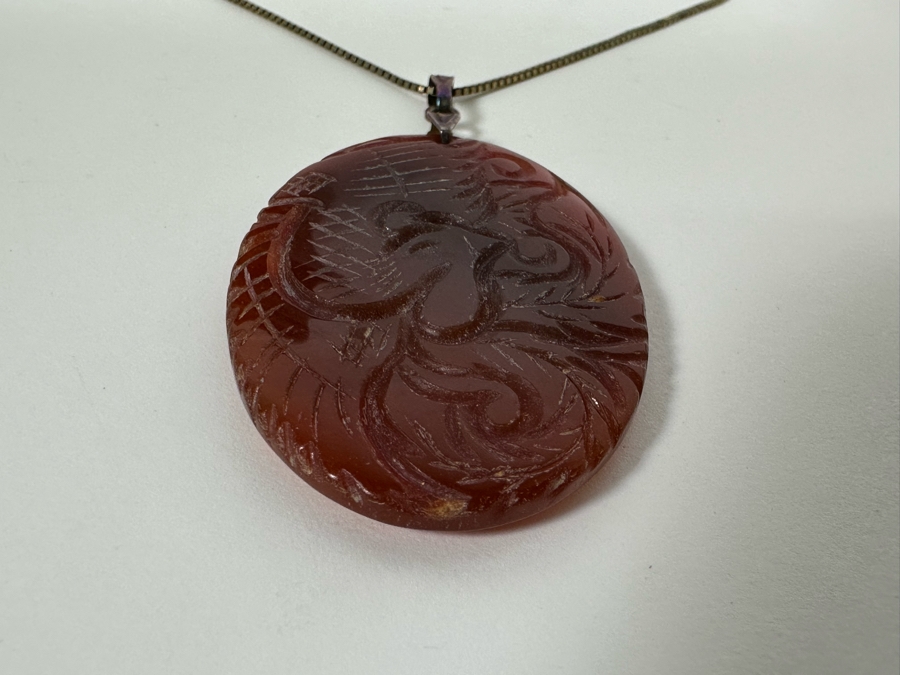 Vintage Signed Chinese Carved Agate Pendant With Sterling Silver 18' Necklace 12.3g [Photo 6]